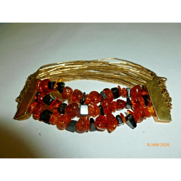 Vintage Liquid Silver Bracelet & Amber Gold Tone Rare Design - Picture 2 of 5